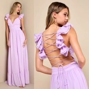 Lulus Soiree Celebration Lilac Ruffled Lace-Up Maxi Dress